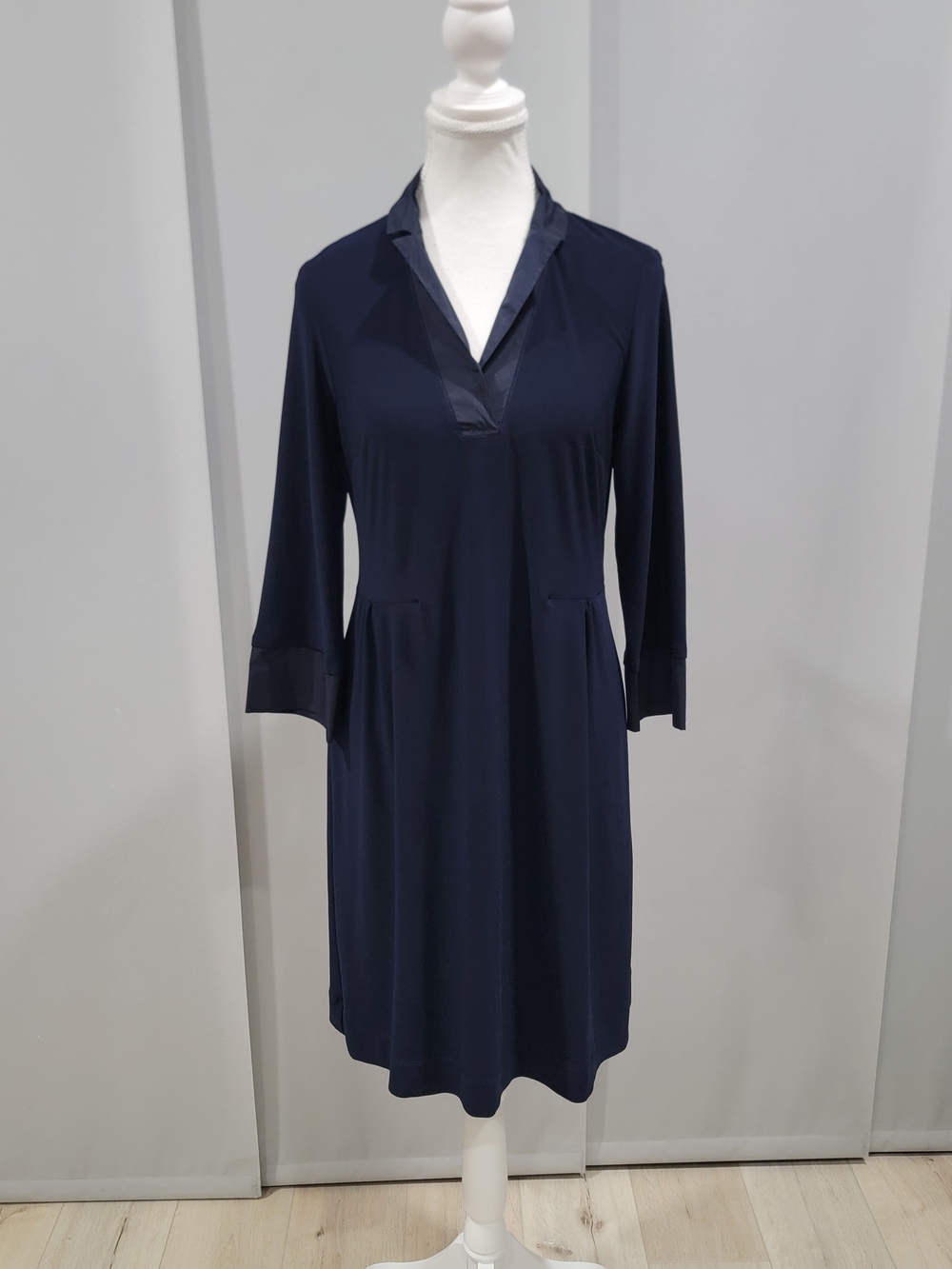 Joseph Ribkoff Navy V-Neck Midi Dress with Subtle Collar